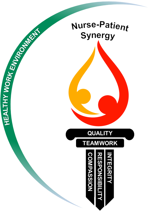 A flaming torch graphic depicting the Nursing Professional Practice Model, bracketed by a green arc labelled Healthy Work Environment. The red and orange swirling flame is labelled nurse-patient synergy, while the torch is made from two vertical pillars for the core values of quality and teamwork, held aloft by three additional pillars for compassion, responsibility, and integrity.