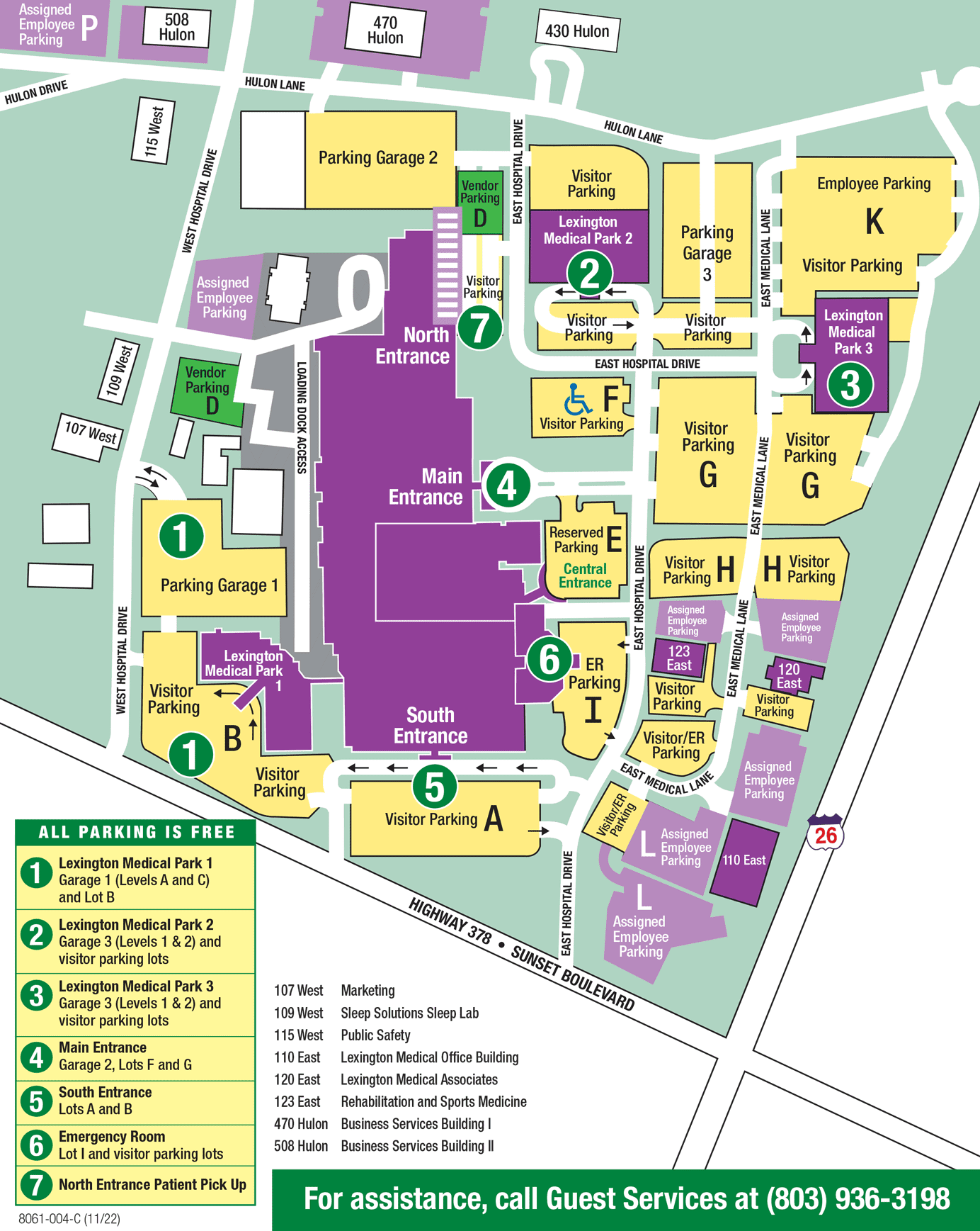 A map of the main campus highlighting free parking options, in either garages or lots, near 7 locations: Lexington Medical Parks 1 through 3, the main entrance, the south entrance, the emergency room, and the north entrance patient pickup area. For assistance, call Guest Services at (803) 936-3198.