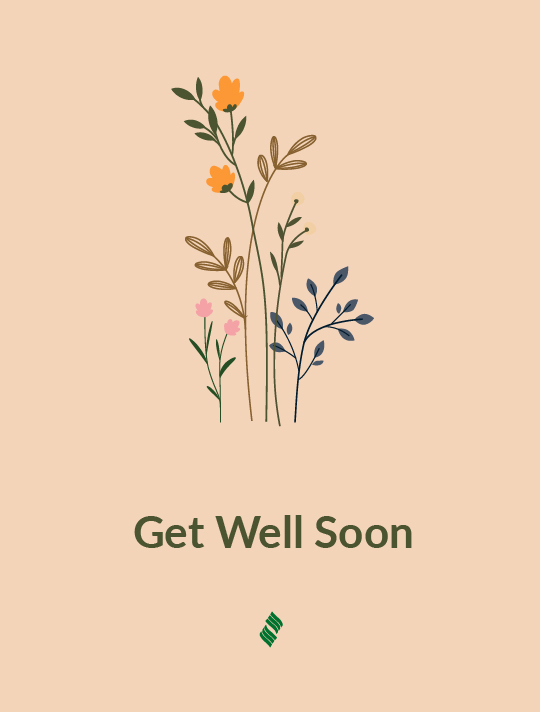 Get Well Soon: A sprig of wildflowers on an orange background.