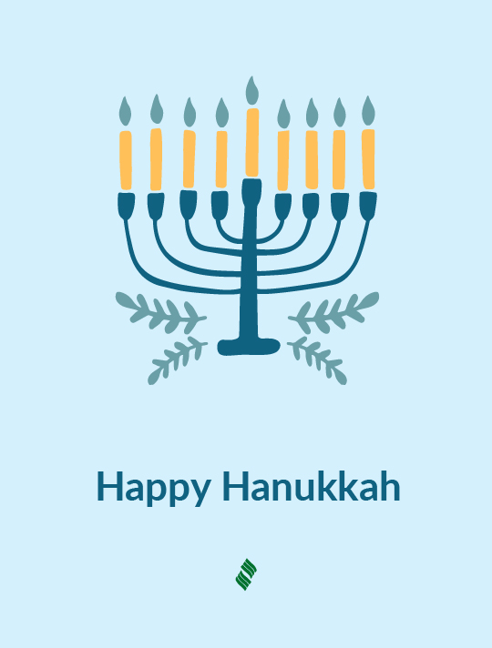 Happy Hanukkah: A menorah on a blue background.