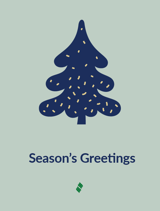 Season’s Greetings: A festive winter tree on an olive-green background.