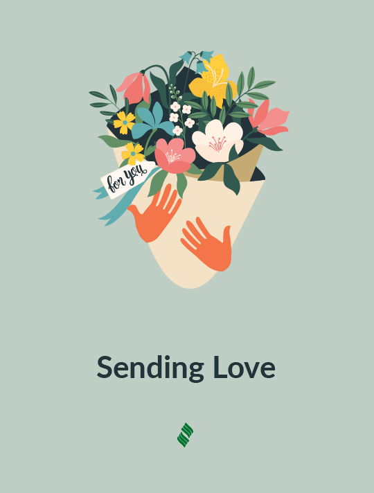 Sending Love: A pair of hands holding a bouquet of flowers on an olive-green background.