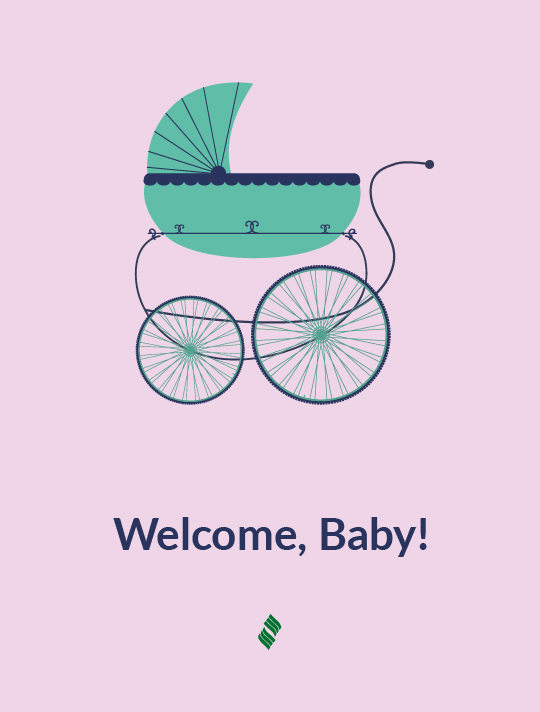 Welcome, Baby: A baby carriage on a purple background.